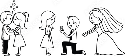 cartoon couple illustration set showing proposal kiss and wedding moments for love themed projects and cute graphics
