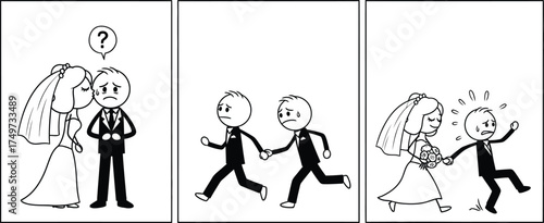 funny wedding cartoon illustration with running bride and groom adding humor to marriage themed creative projects