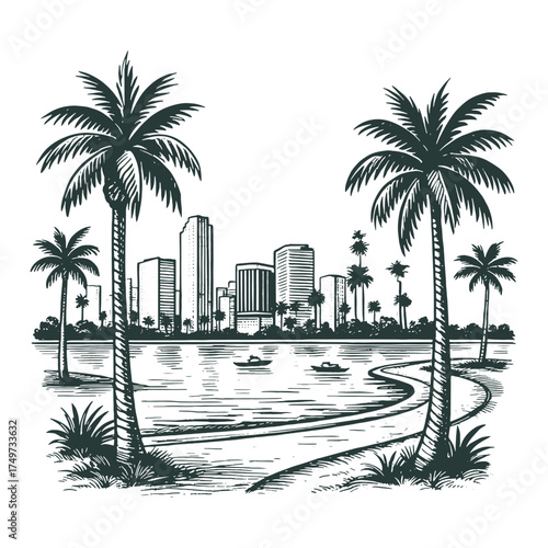 Hand-drawn coastal city skyline with palm trees in vintage tropical style. Great for travel posters, urban design projects, or summer branding.