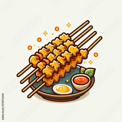 Cartoon illustration of delicious grilled chicken skewers with dipping sauces on a plate.