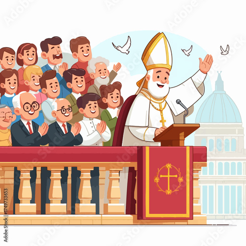 A Pope addresses a crowd from a balcony with doves flying overhead and a dome building in the background.