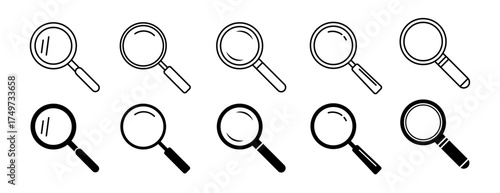 Magnifying glass icon set. Magnifier and loupe symbol. Search or discovery logo. Vector illustration.