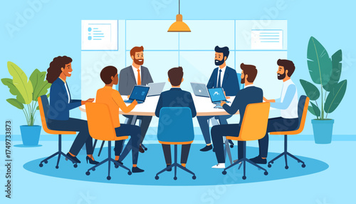 Diverse corporate team engaged in a strategic meeting, showcasing collaboration and the future of the hybrid work model