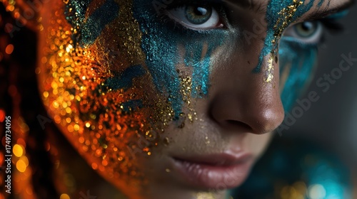 Close-up of a Model with Vibrant Glitter Face Paint and Striking Eyes
