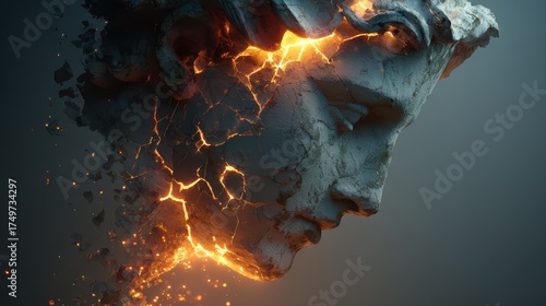 Fragmented Sculpture with Glowing Details and Cracked Surface