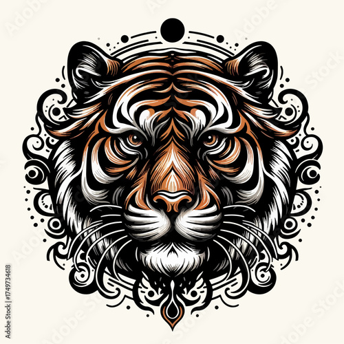 Vibrant illustration of a majestic adult tiger and a cute cub surrounded by whimsical Asian-inspired decorative elements and nature motifs.