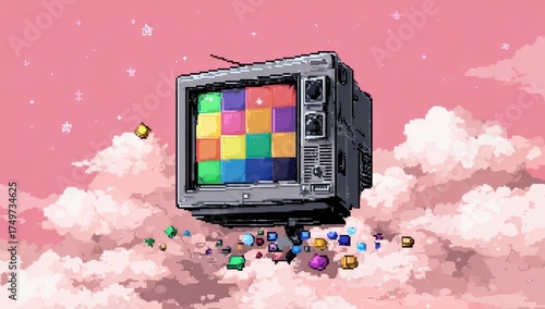 Wallpaper Mural An old pixelated television floats in the sky filled with colorful blocks and fluffy clouds Torontodigital.ca