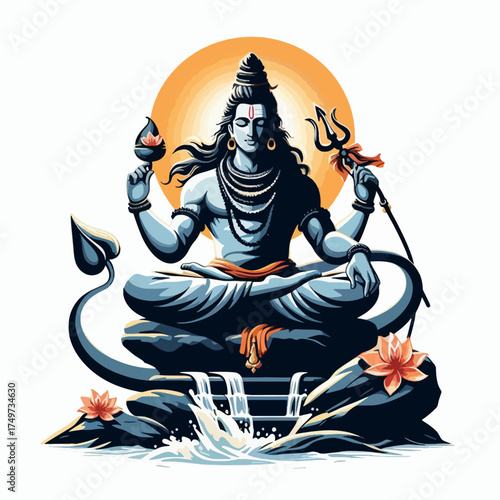 Lord Shiva Meditating in Lotus Pose with a Trishul and a Flame, Surrounded by Water and Lotus Flowers.