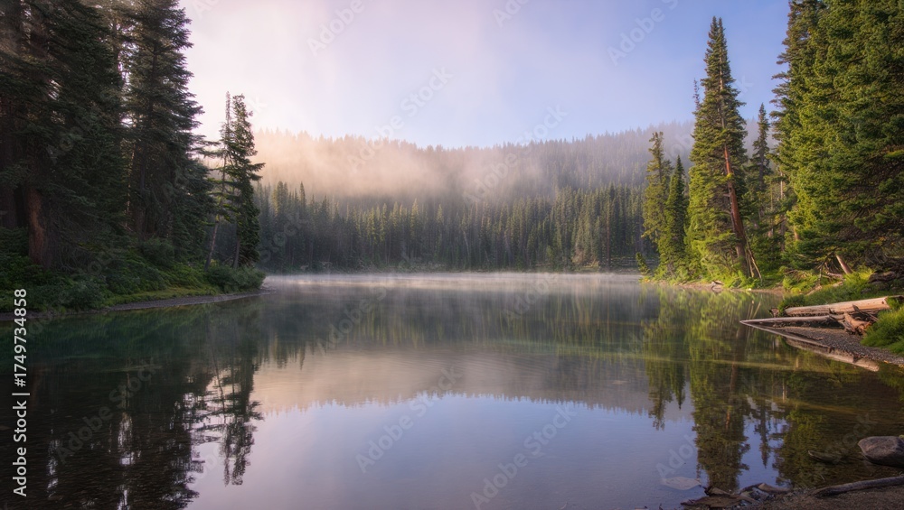 Obraz premium Serene Misty Mountain Lake Calm Water Reflecting Towering Evergreen Forest Sunrise Golden Hour Sunlight Gentle Fog Swirling Nature Landscape Peaceful Wilderness Outdoor Serenity Tranquil Scene