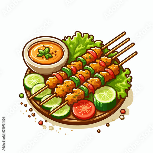A delicious plate of chicken satay skewers served with a side of peanut sauce, fresh lettuce, cucumber slices, and tomato wedges.