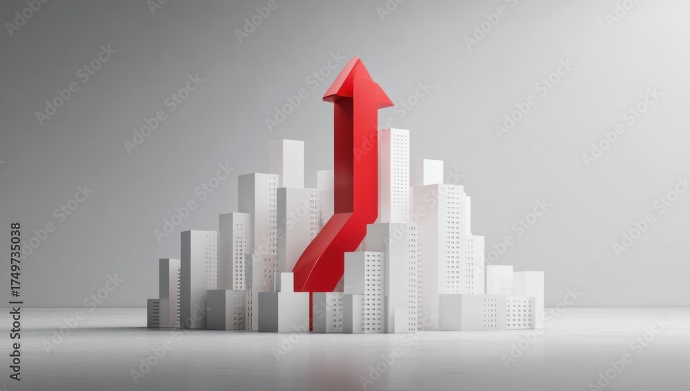 Fototapeta premium Conceptual image featuring a red arrow ascending through a cityscape composed of white blocks