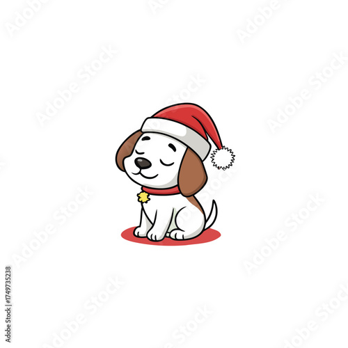 Cartoon illustration of a cute puppy wearing a red Santa hat, sitting with closed eyes and a happy expression.