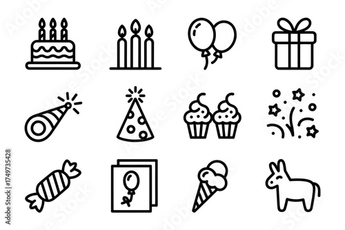 Black and white icon set for birthday party celebration featuring cake candles balloons gifts and fun accessories including pinata
