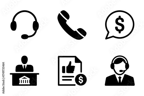 Business and Finance Icons Set Illustrating Customer Support Banking Approval and Communication Options