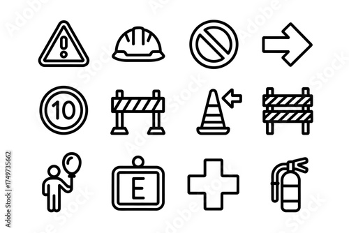 Collection of Safety and Warning Signs Icons Representing Construction Hazards and Emergency Equipment in Outline Style