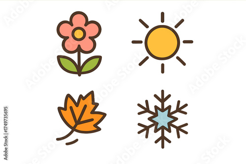 Four seasons icons set featuring flower sun leaf and snowflake symbols