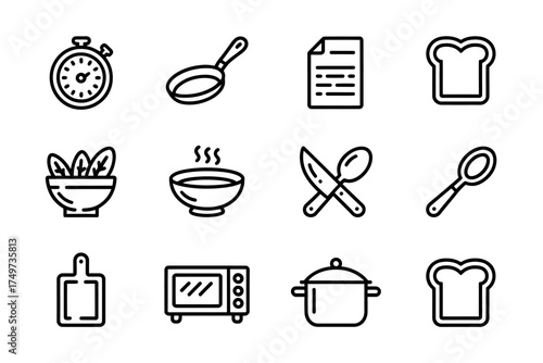 Cooking Icons Collection Including Timer Frying Pan Recipe and Utensils for Culinary Projects and Food Blogs
