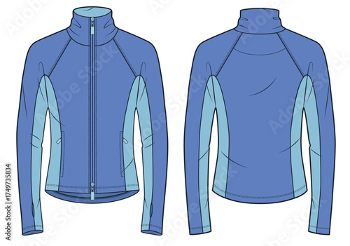 Zip Up Sweatshirt Technical Fashion Illustration. Raglan Sleeves Sports Jacket fashion concept, fitted, pockets, thumbhole, front and back view, blue, women, men, unisex CAD mockup.