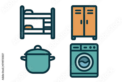 Dormitory and household appliance icons featuring bunk bed and washing machine