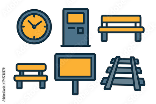 Collection of railway station and public transportation icons with clock and bench