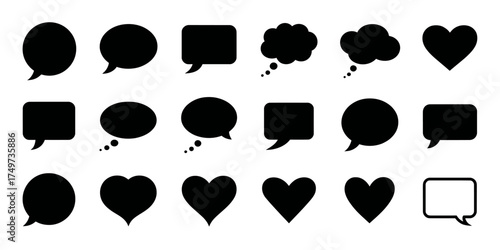 Diverse Set of Speech Bubble and Heart Icons Representing Communication and Emotion in Social Media and Online Interactions