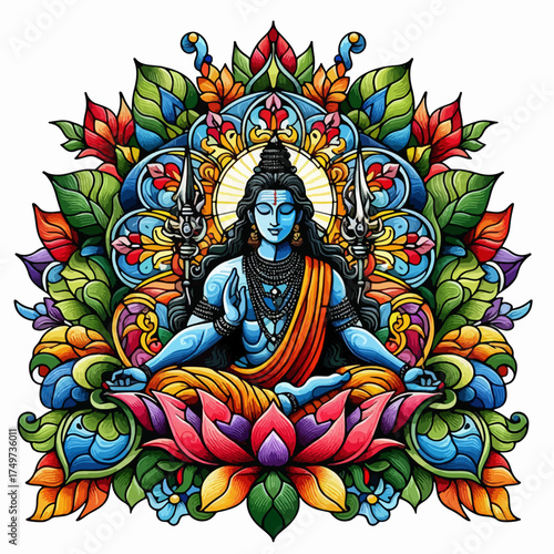 Vibrant Lord Shiva in meditative pose surrounded by colorful floral mandala art.