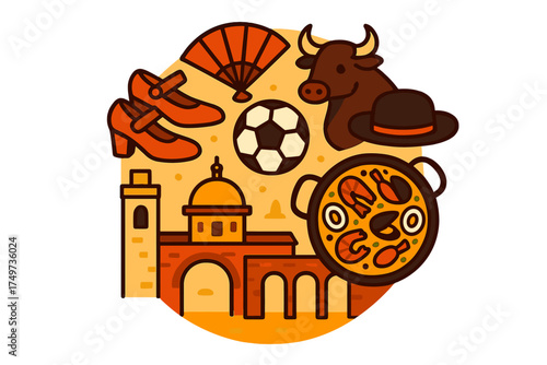 Set of Flat Design Icons Representing Spanish Cultural Symbols and Traditions