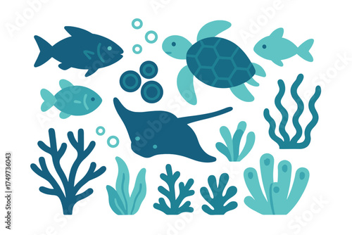 Stylized assortment of sea creatures and underwater flora in cool blue tones