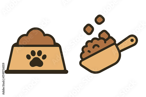 Pet food bowl with paw print and scoop pouring dry kibble