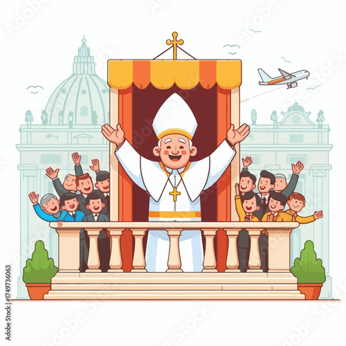 Cartoon illustration of a pope-like figure on a balcony addressing a joyful crowd with St. Peter's Basilica in the background and an airplane flying.