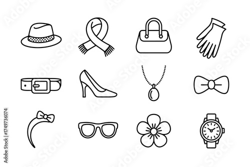 Fashion Accessories Line Art Collection with Hat Scarf Handbag Gloves and Jewelry Items for Styling