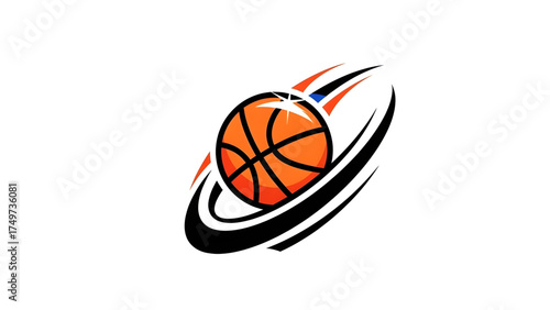 Dynamic basketball icon with a planetary ring swoosh, a modern vector logo for a sports team or competition
