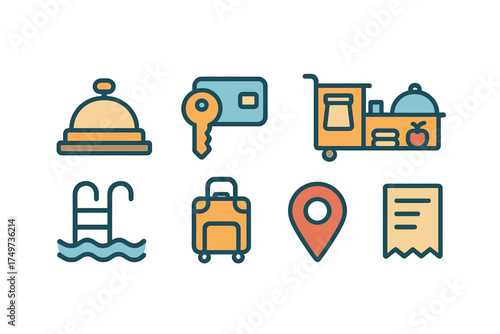 Hotel and travel service icons for accommodation booking and guest stay