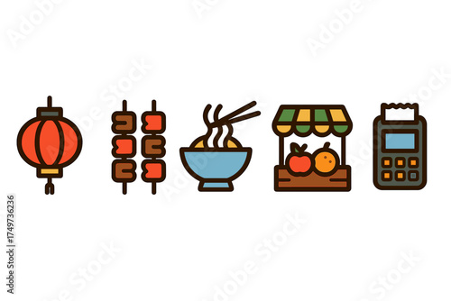 Asian street food market icons featuring lantern and payment terminal