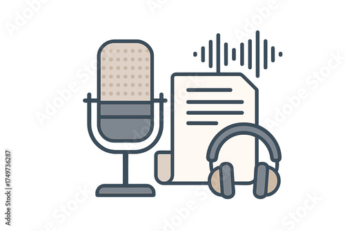 Studio microphone script and headphones for professional audio recording concept