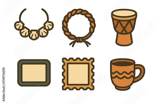 Collection of tribal and rustic cultural symbols featuring necklace rope drum frames and mug