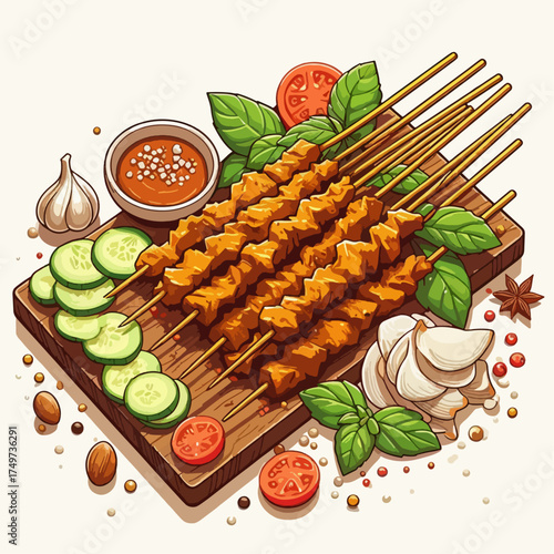 A delicious and appetizing presentation of grilled meat skewers with fresh vegetables and dipping sauce.
