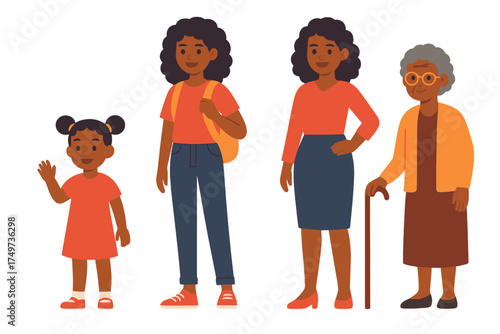 Four generations of Black women standing together showing age progression