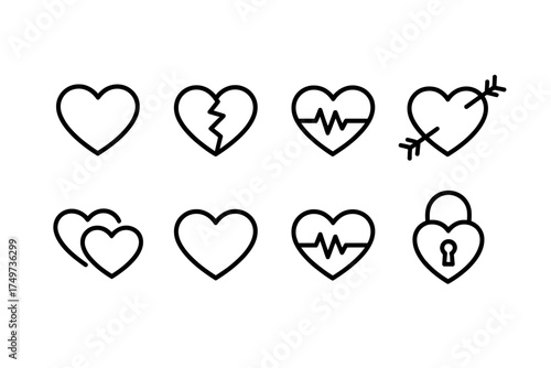 Heart icon collection vector illustration for love and romance representing different emotions and feelings in minimal line style design