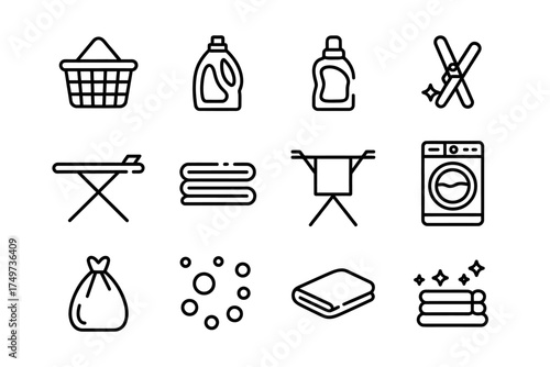 Laundry and Cleaning Icon Set Minimalist Line Art for Visual Communication and Design Projects with Laundry Basket and Detergent