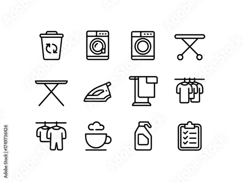 Laundry and Cleaning Line Icons for Home Care and Household Chores Vector Illustration Set Isolated on White Background