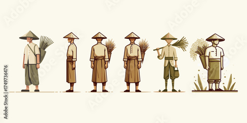 Character sheet of a traditional Asian farmer holding a sheaf of rice, a vector illustration set showing front, side, and back views