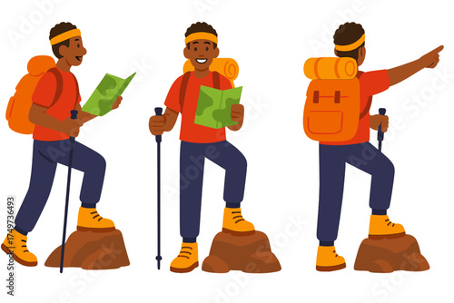 Hiker with backpack and trekking poles reading map and pointing direction