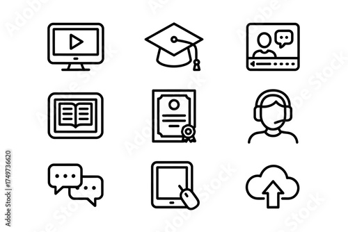 Online Education and Learning Vector Icons Representing Elearning and Digital Courses with Communication Tools
