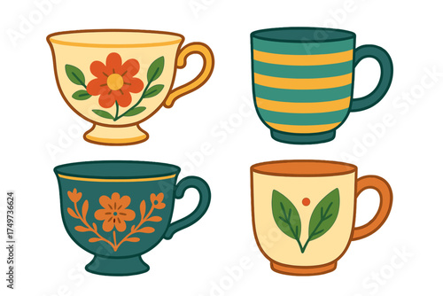 Four decorative ceramic coffee and tea cups with colorful floral patterns