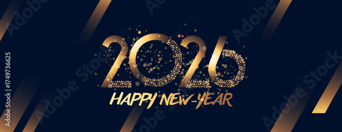 A card or banner to wish a happy new year 2026 in gold with bokeh effect circles on a black background with gradient gold lines