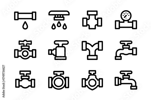 Plumbing system components for water supply infrastructure and fluid control in industrial or residential buildings represented as outline icons