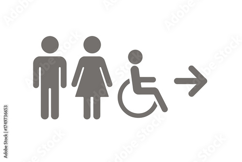 Public restroom signs for men, women, and accessible facilities with direction arrow