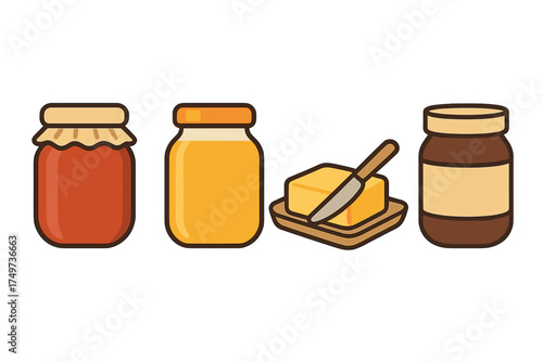 Set of four jars containing breakfast spreads and butter with utensil icon