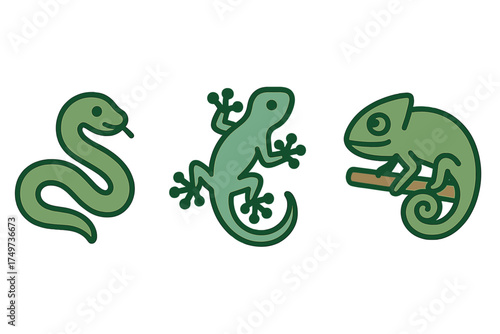 Set of simple green reptile icons featuring snake, gecko, and chameleon